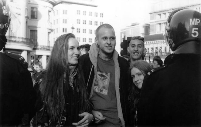 With Michael (centre) and friends at an anti-criminal justice bill demo, mid 90s